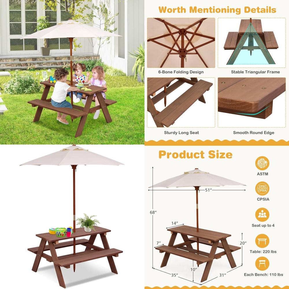 Kids Outdoor Umbrella For Table - Mesa de Picnic Infantil de Madera